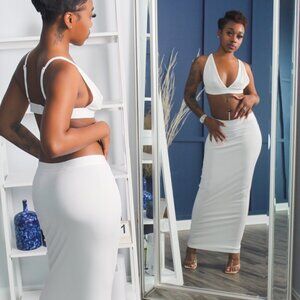 White Two Piece Midi Skirt Set | Stretch Crop Top & Bodycon Skirt Set